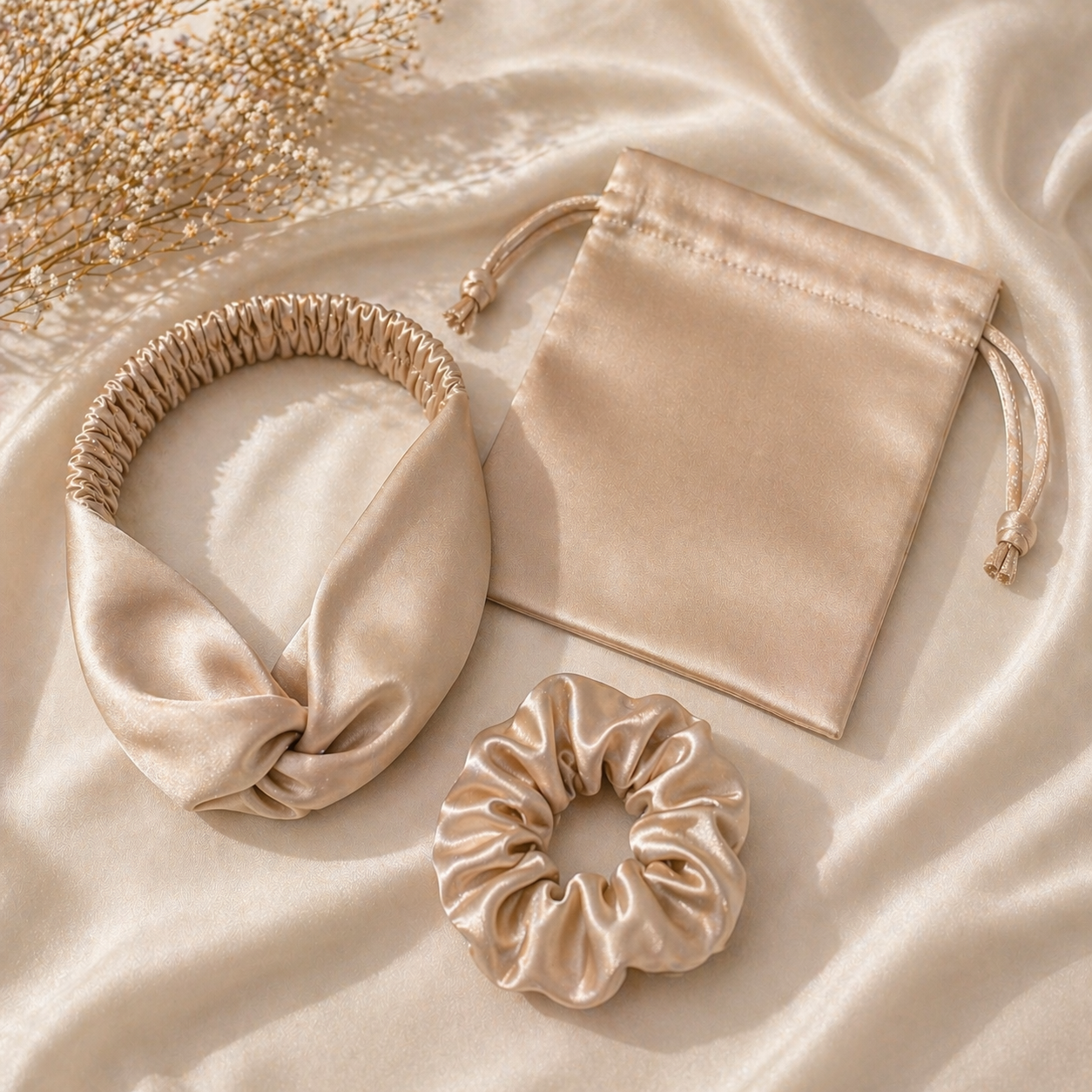 Beige headband, scrunchie, and pouch on a soft beige fabric background