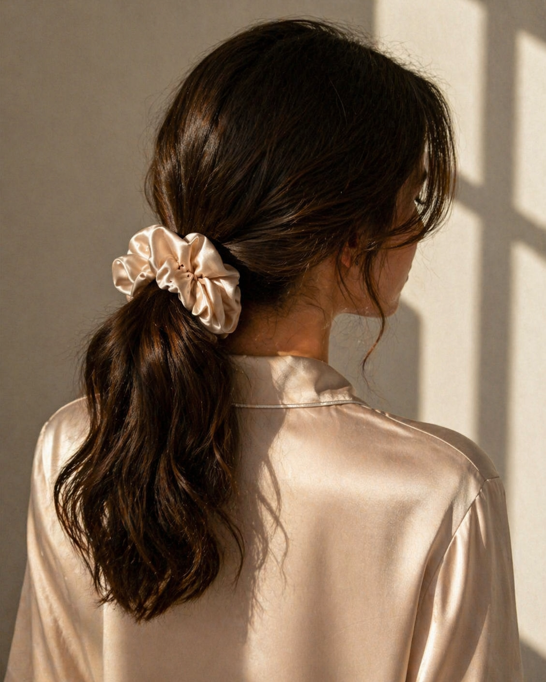 Person wearing a beige satin scrunchie in their hair against a neutral background