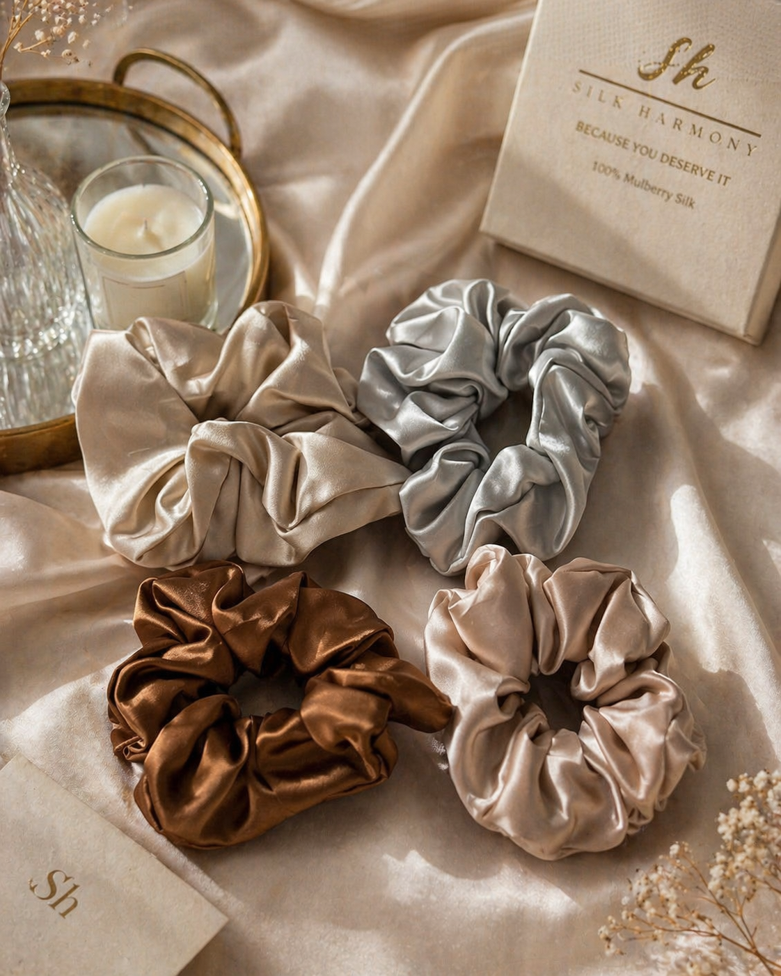 Four satin scrunchies in beige, brown, and gray on a soft fabric surface with a candle and book in the background.